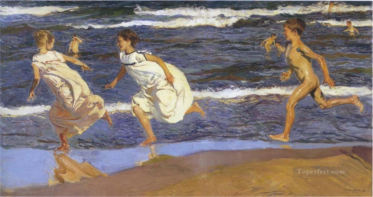 Joaquin Sorolla running kids beach seaside impressionism Oil Paintings
